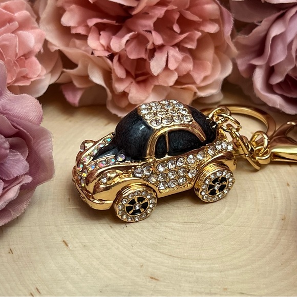 Retro Black and Gold Crystal Coupe Car Keychain Charm - Picture 5 of 16